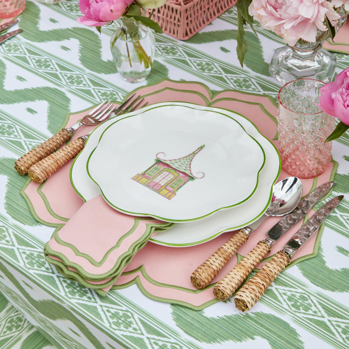 Pink & Green Pagoda Dinner & Starter Plates (Set of 8)