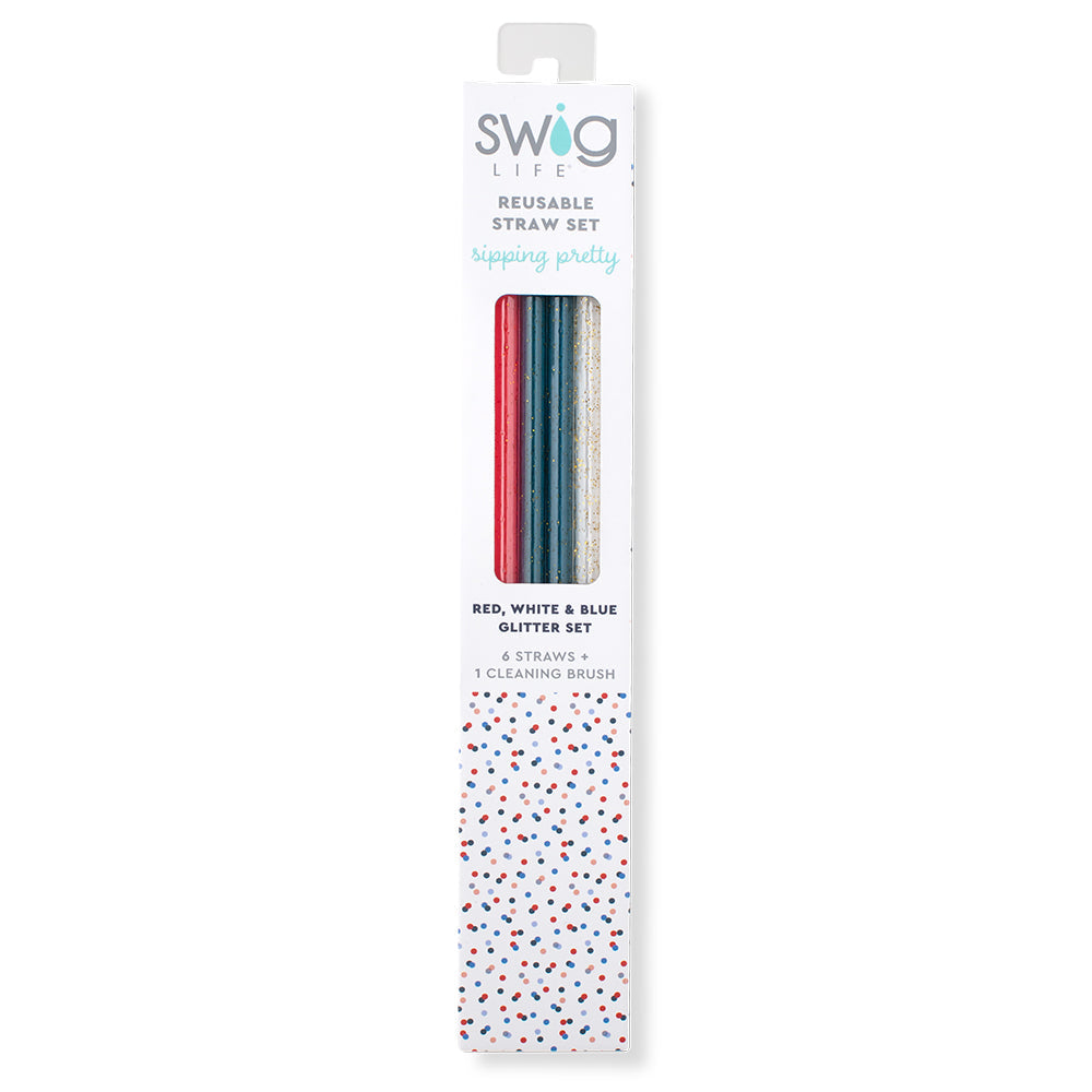 Red, White & Blue Glitter Reusable Straw Set