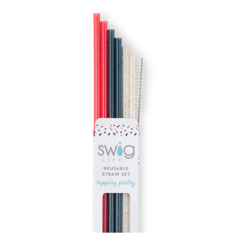 Red, White & Blue Glitter Reusable Straw Set